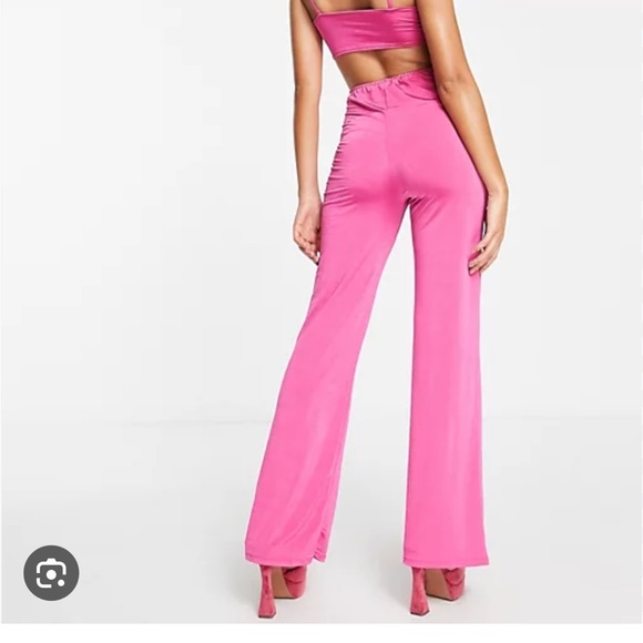 Flounce London Petite satin cut out flared jumpsuit in hot pink ASOS UK size 12 - Picture 3 of 5